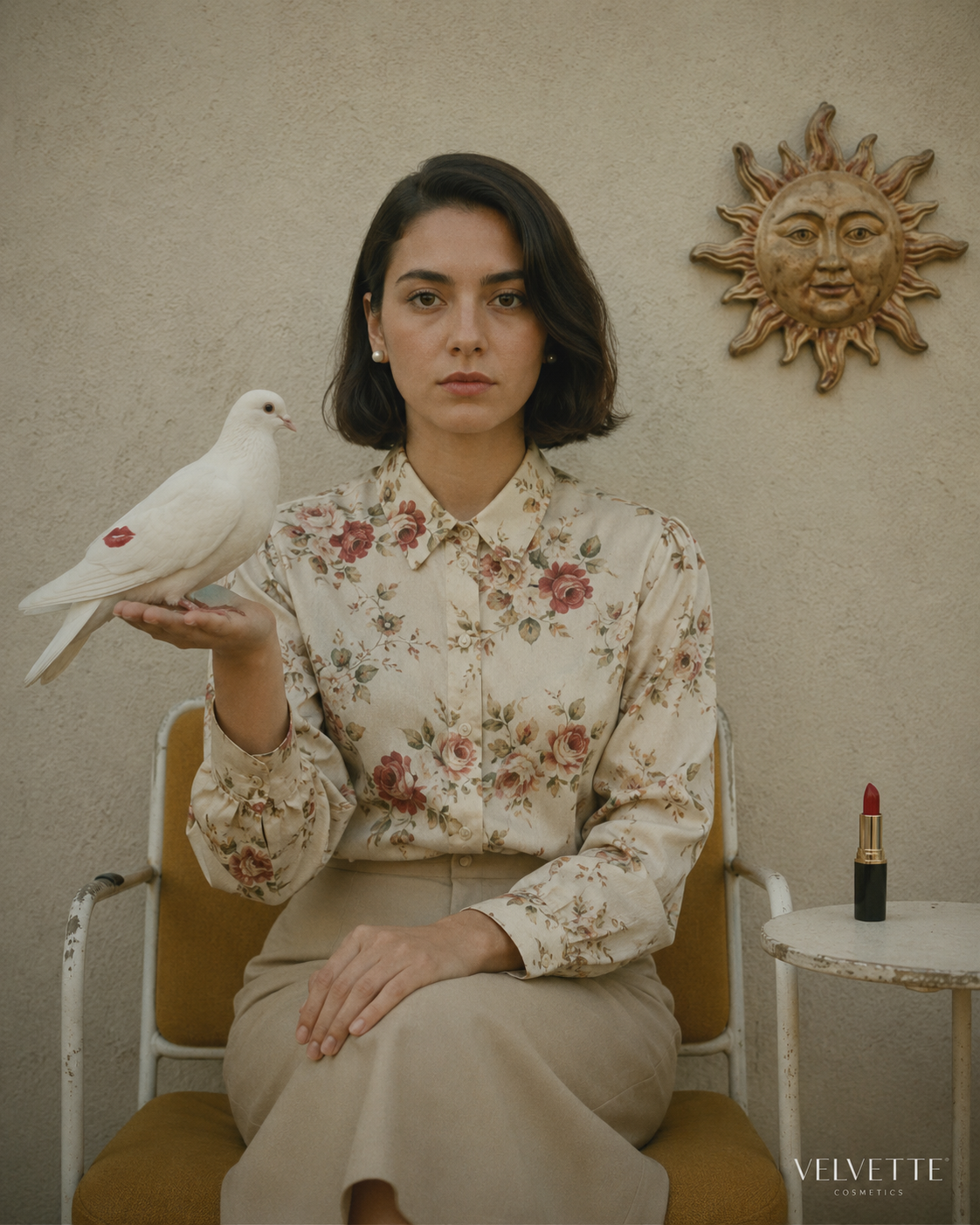 Woman in a floral blouse holding a white dove beside red Velvette lipstick.