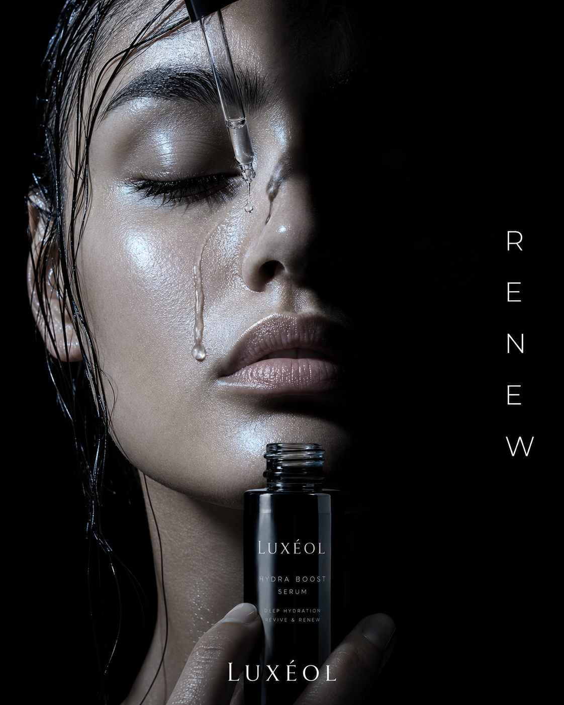 Close-up of a woman with water on her face holding Luxéol hydration serum.
