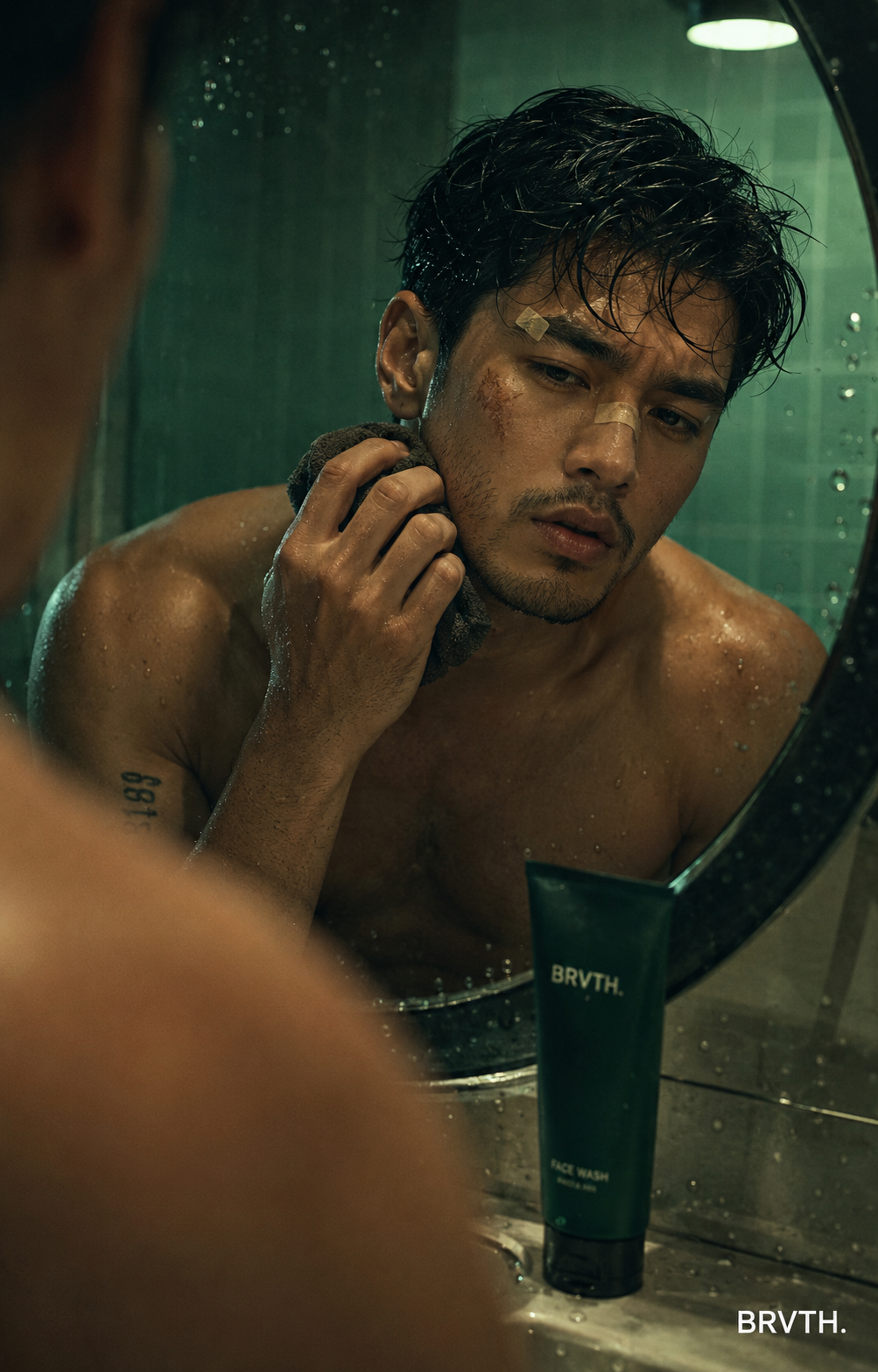 Man looking into a rain-speckled mirror with BRVTH face wash in the foreground.