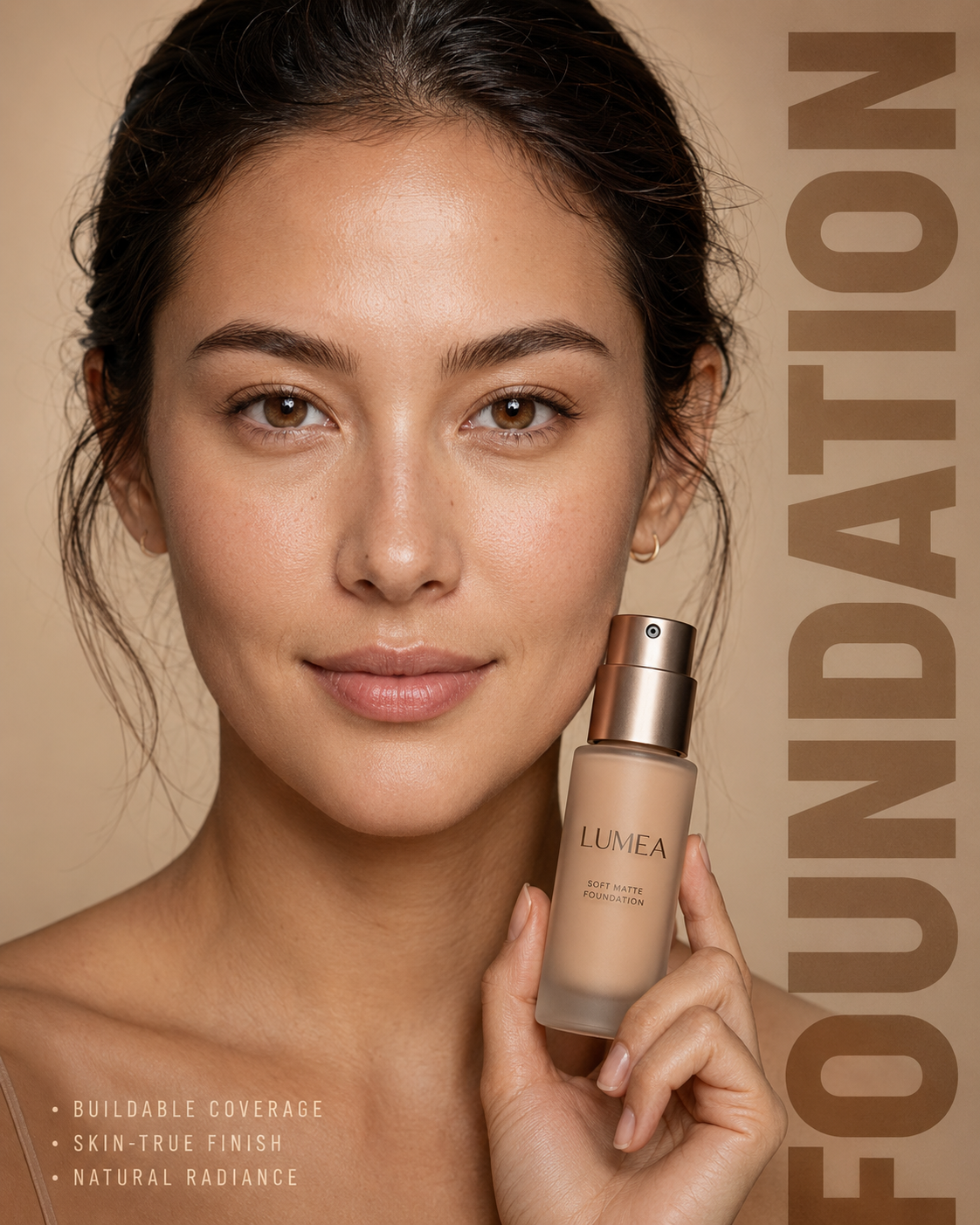 Woman holding Lumea foundation bottle against a warm beige background.