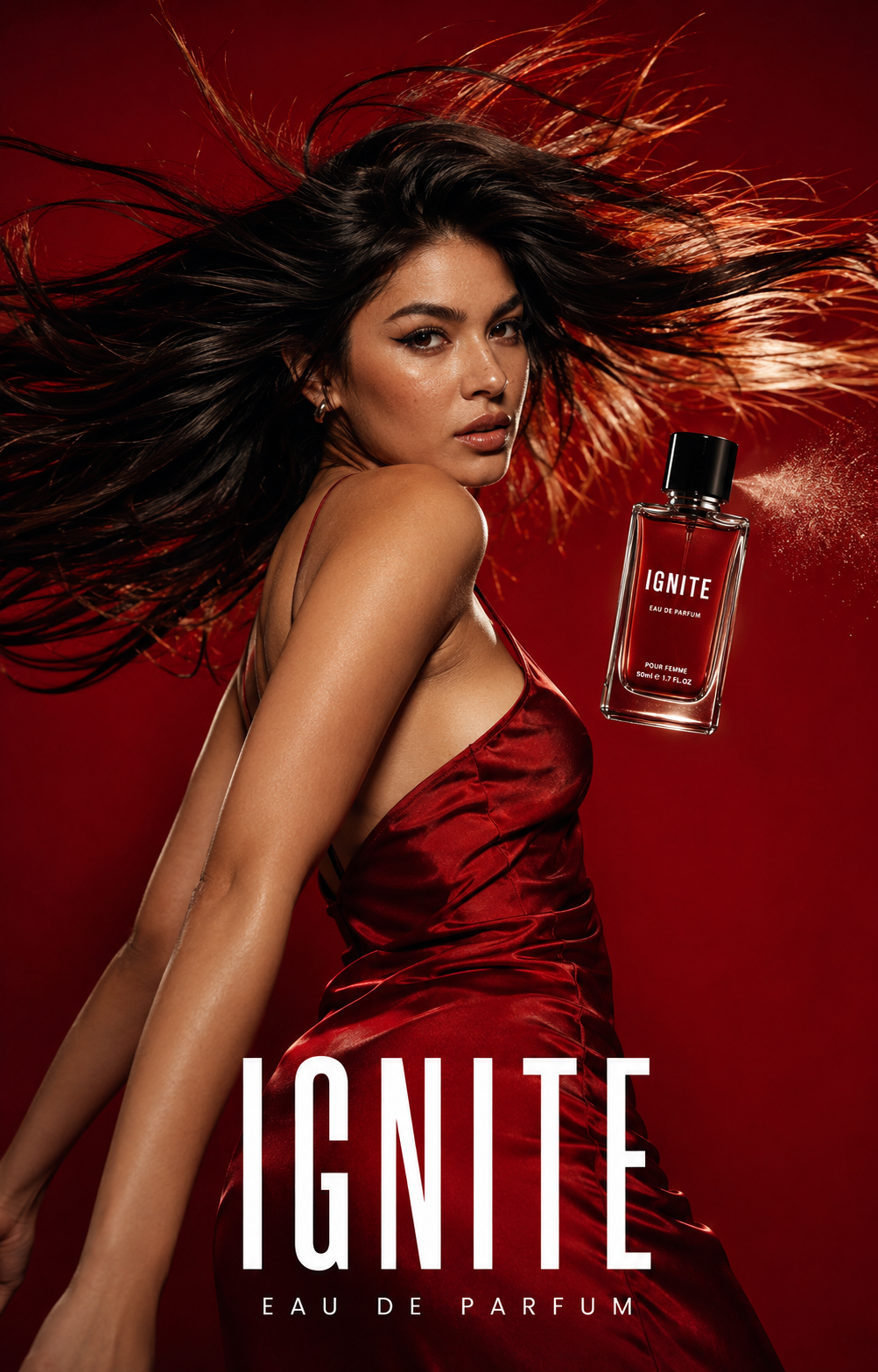 Woman in a flowing red dress beside an Ignite perfume bottle on a red background.