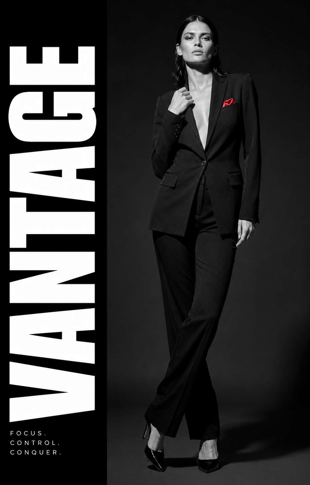 Woman in a black tailored suit with a red pocket square beside the word Vantage.
