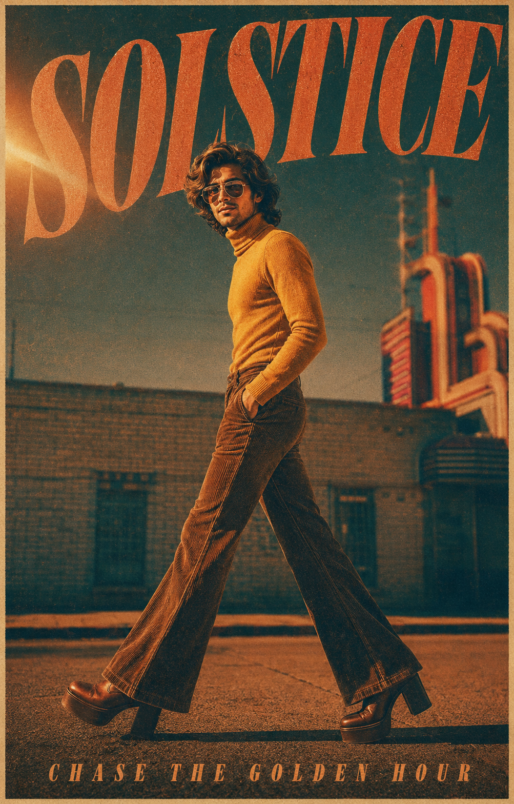 Person in a mustard turtleneck walking in a retro city scene beneath the word Solstice.