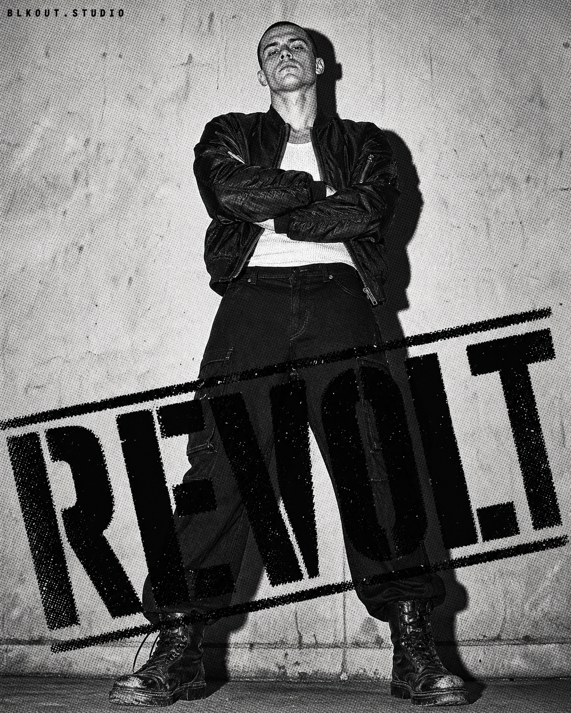 Black-and-white streetwear model in a bomber jacket with large Runout lettering.