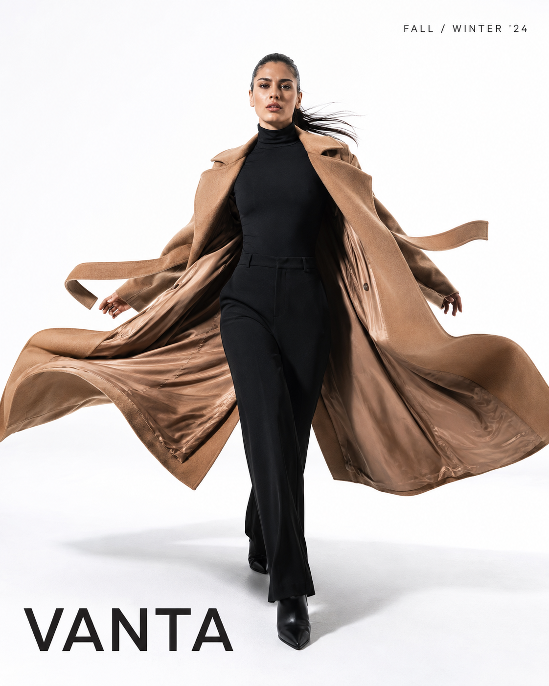 Woman in a flowing camel coat walking toward the camera on a white background.