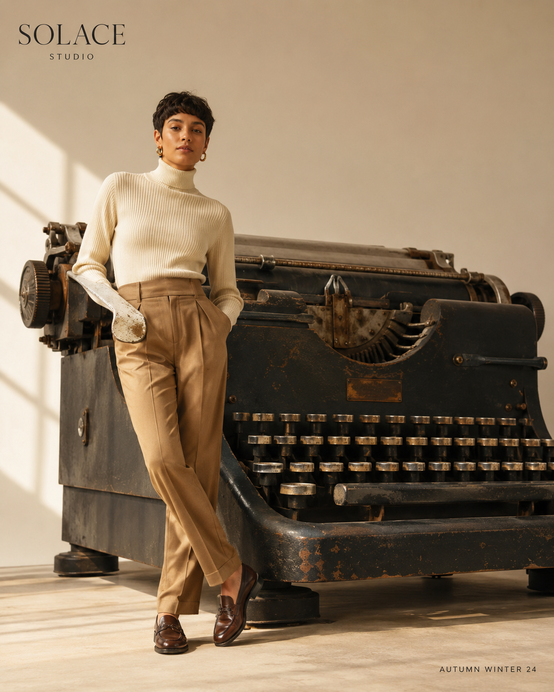 Fashion model in neutral clothing standing beside a large vintage typewriter.