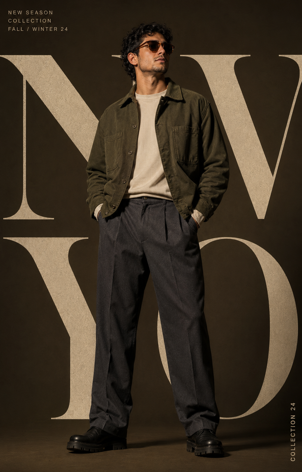 Man in an olive jacket and dark trousers against large cream typography.
