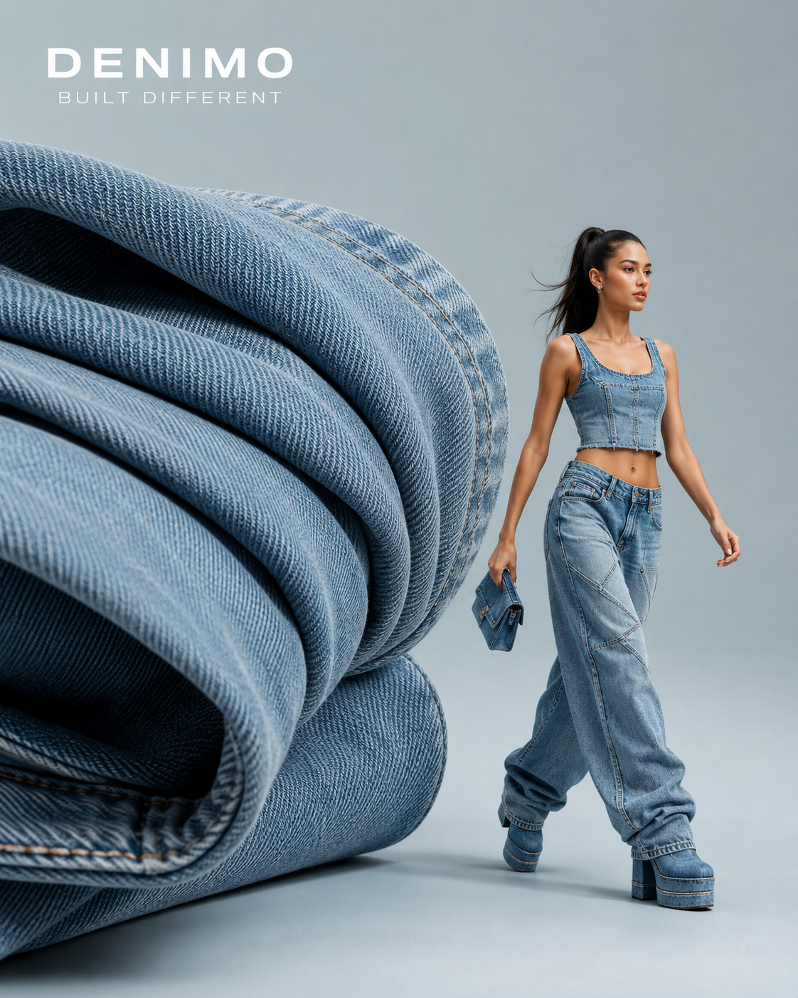 Woman in a denim outfit walking beside a large close-up of folded blue denim.