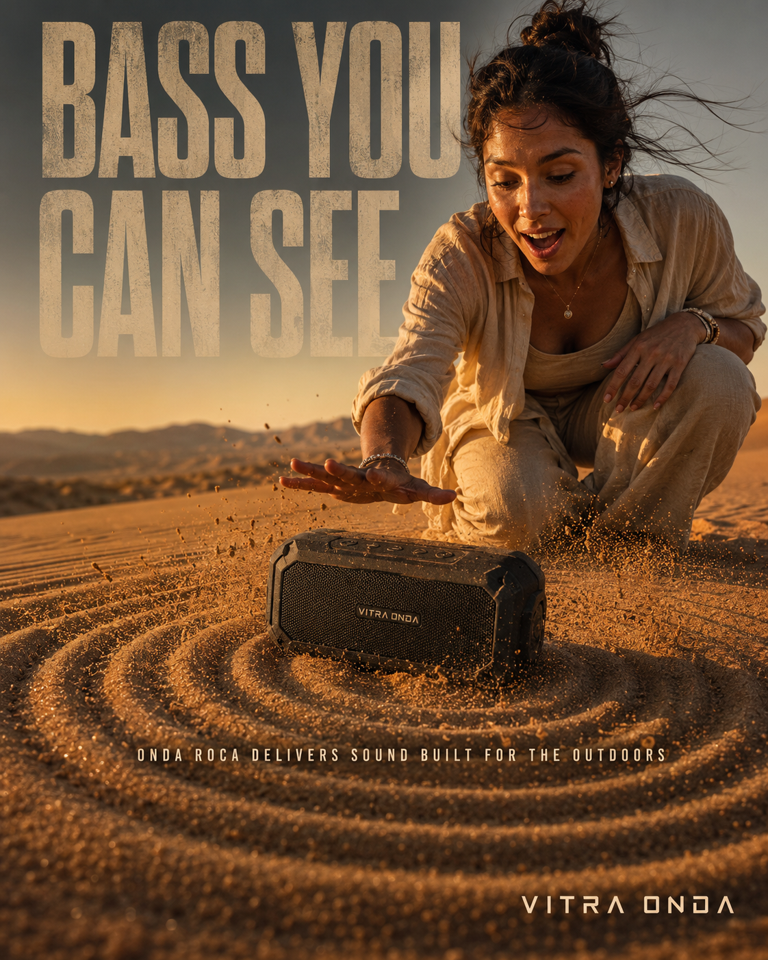 Rugged Vitra Onda speaker in sand with a woman reaching toward it at sunset.