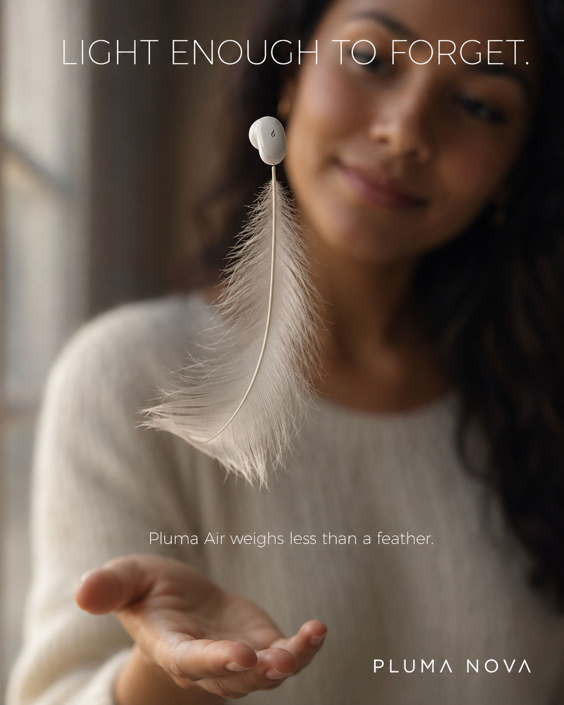 Small wireless earbud floating above a white feather in front of a woman.