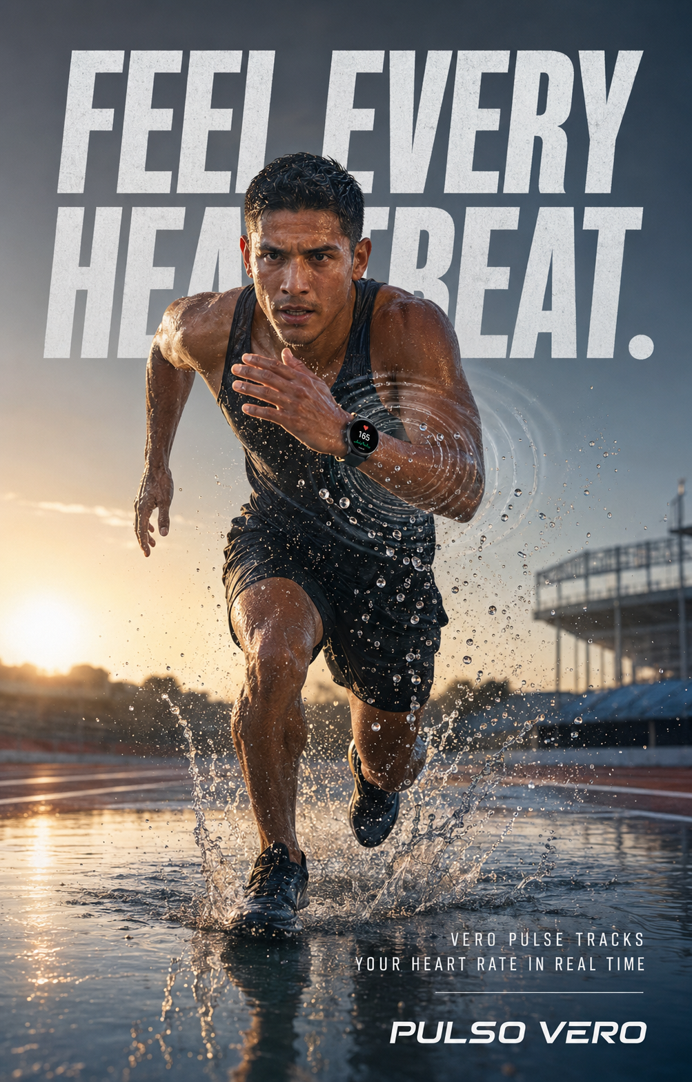 Runner splashing through water while wearing a Pulso Vero fitness watch.
