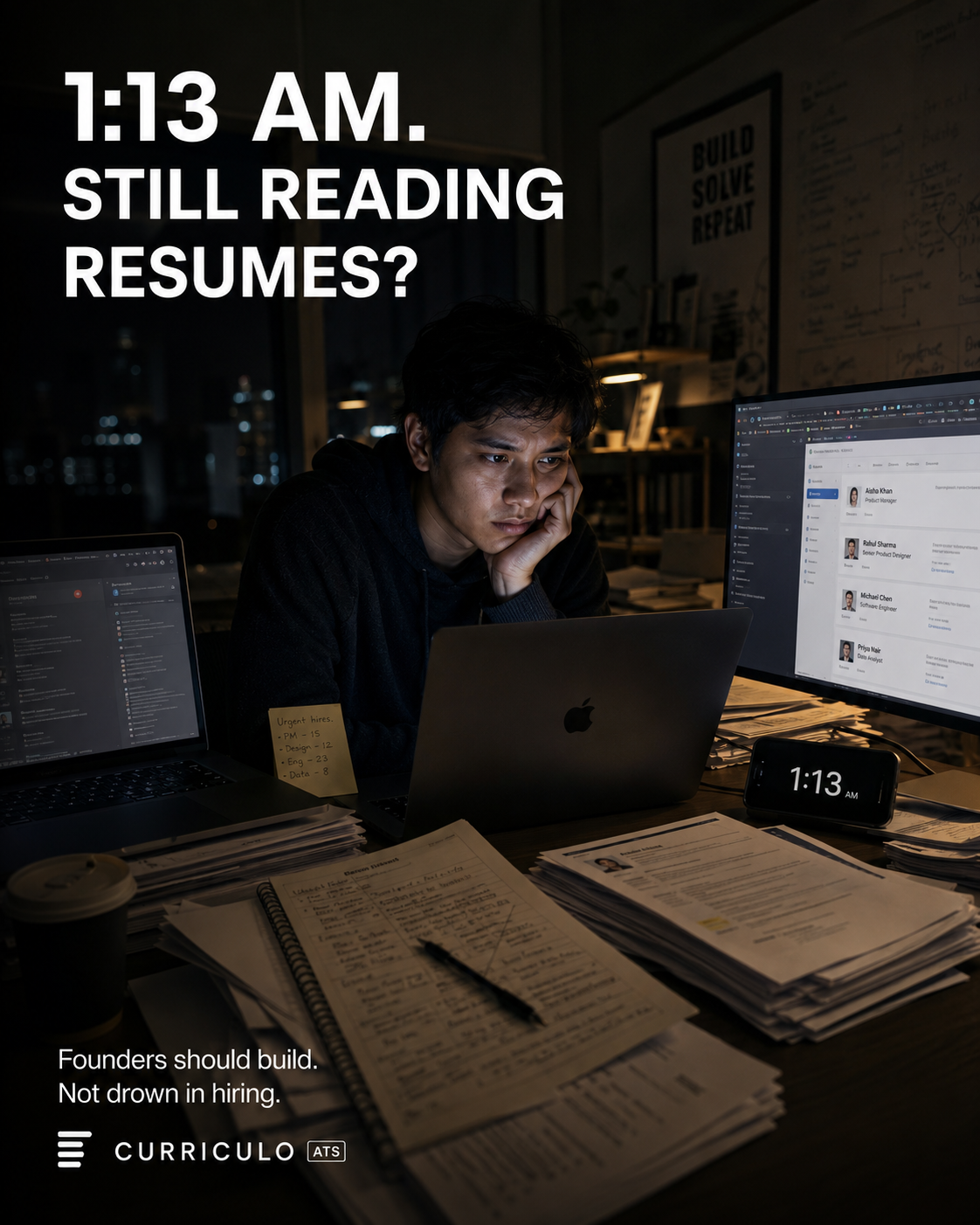 Tired person reviewing resumes late at night beside recruitment software screens.