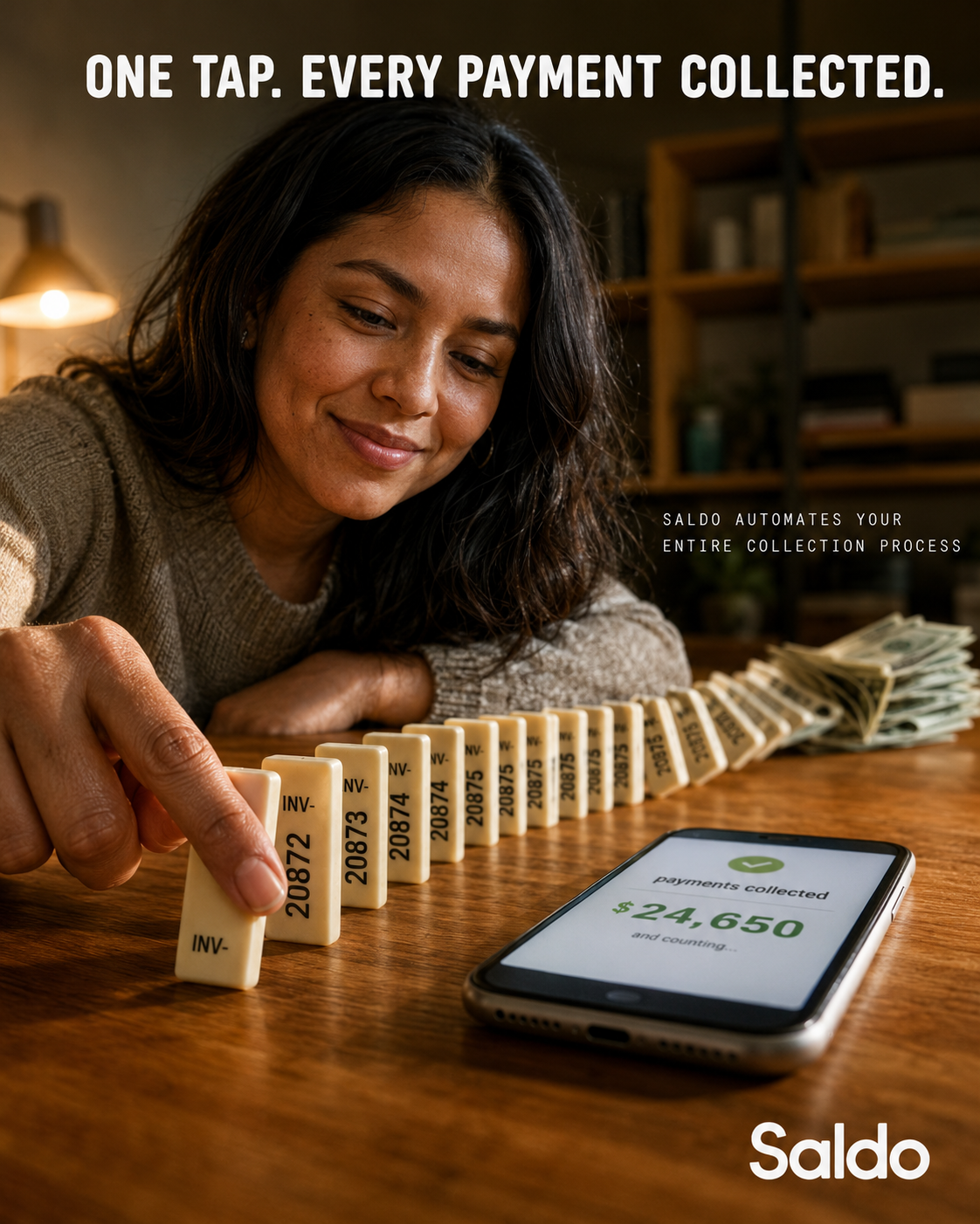 Woman pushing a line of invoice dominoes toward a phone showing payments collected.