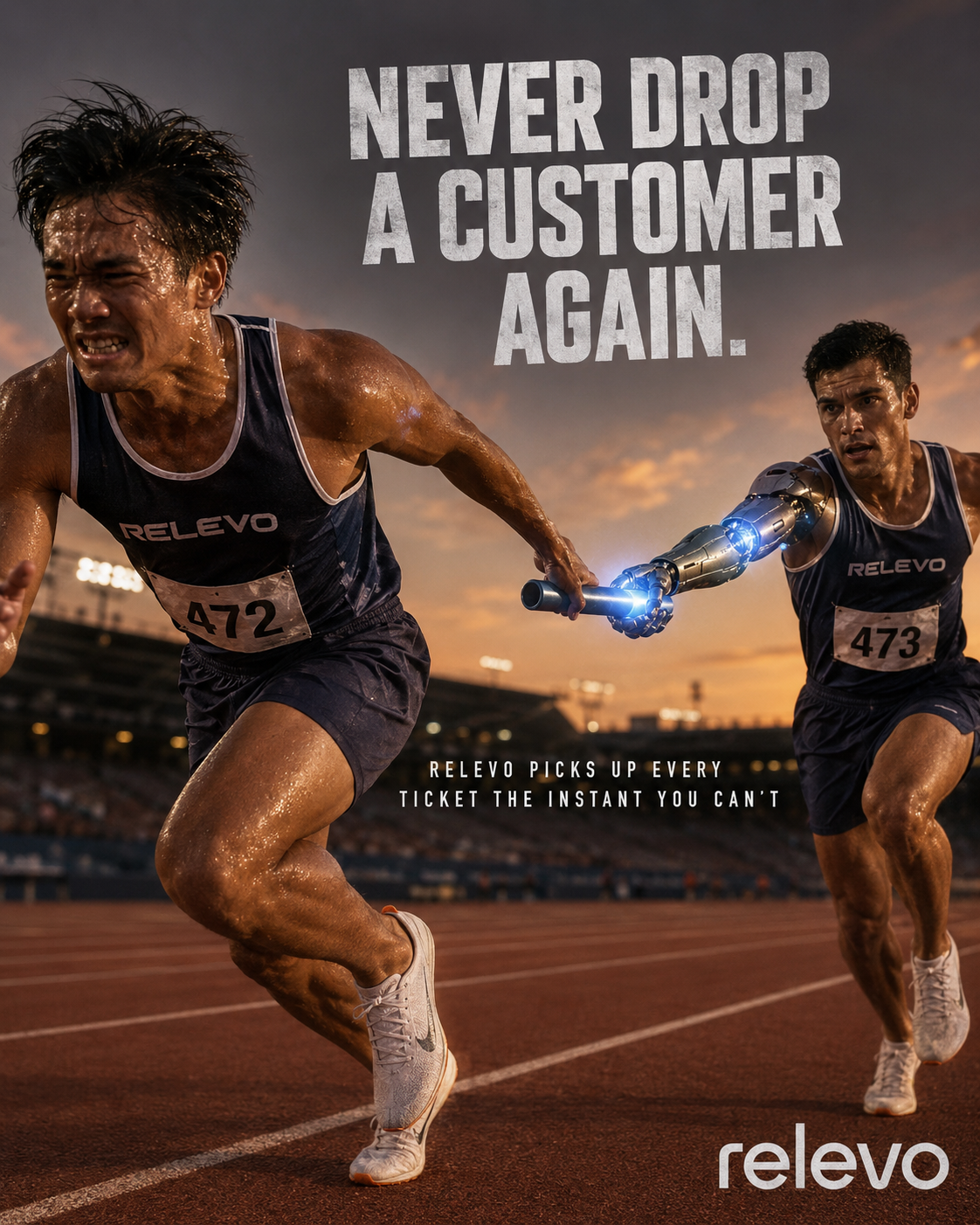 Two runners passing a relay baton, one with a glowing robotic arm, in a stadium.