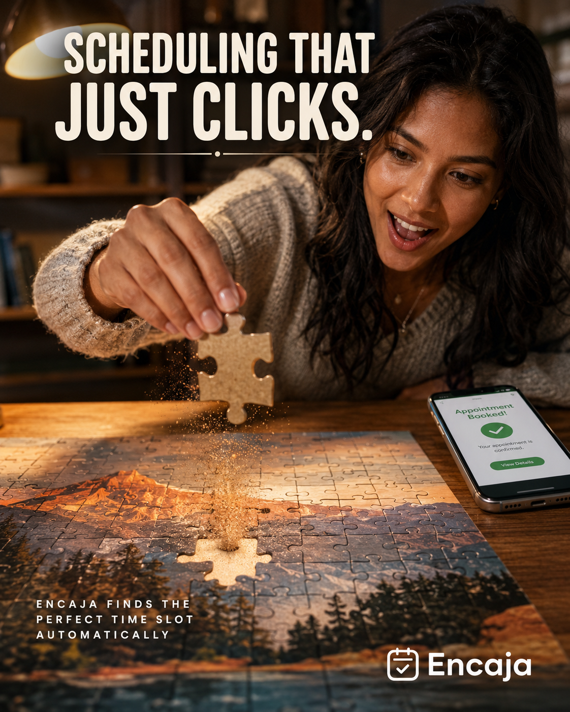 Woman placing a glowing puzzle piece above a puzzle while a phone confirms an appointment.