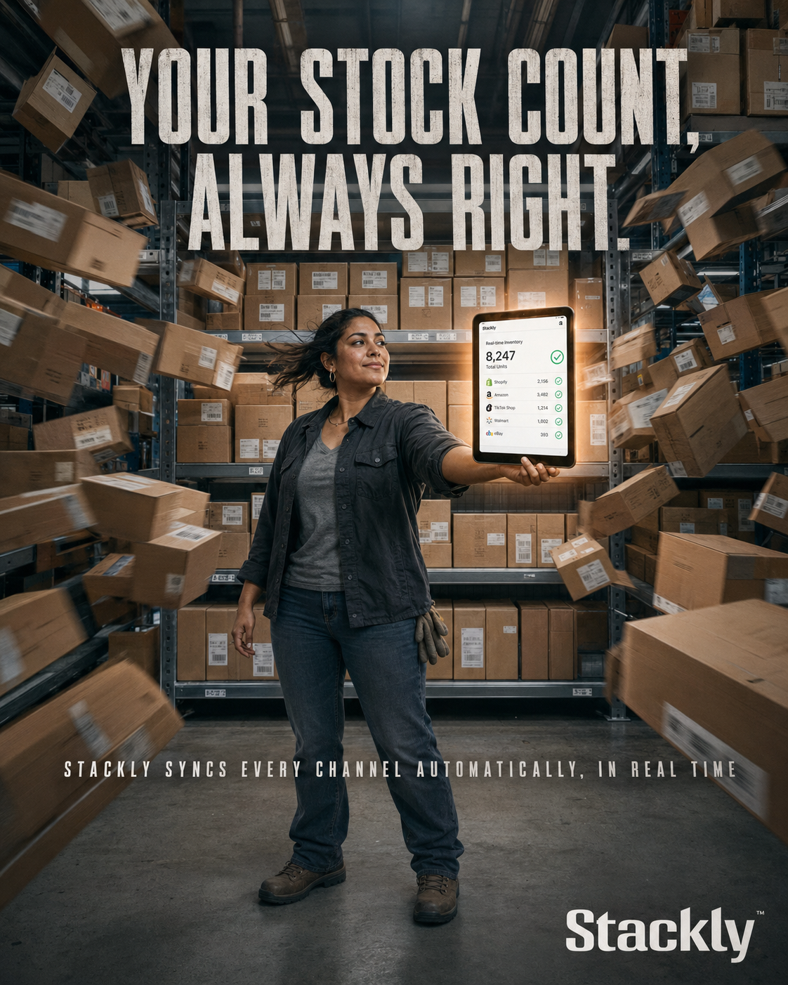 Warehouse worker holding a tablet with real-time inventory counts as boxes move around her.